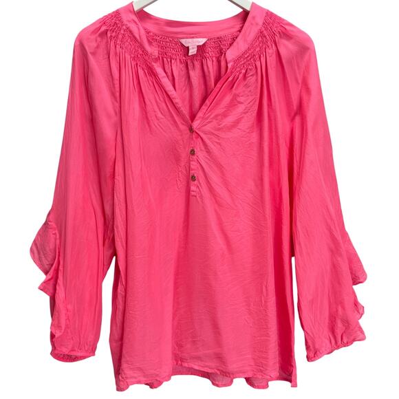 Lilly Pulitzer Tops - Lilly Pulitzer Elsa Silk Top Size XL Bright Pink Ruffle Sleeve V-Neck